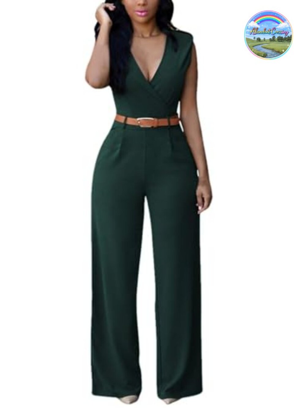 Sleeveless V-Neck Wide Leg Jumpsuit with Pockets Removable Belt Zip